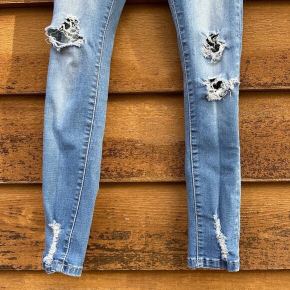 Wax Jeans 'Butt I Love you' Distressed Skinny Mid-Rise Denim Medium Blue Wash - Picture 3 of 13